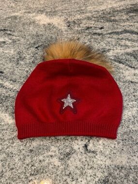 New Custom Designed Red Raspberry Slouchy Knit Pom Beanie with Sequin Star